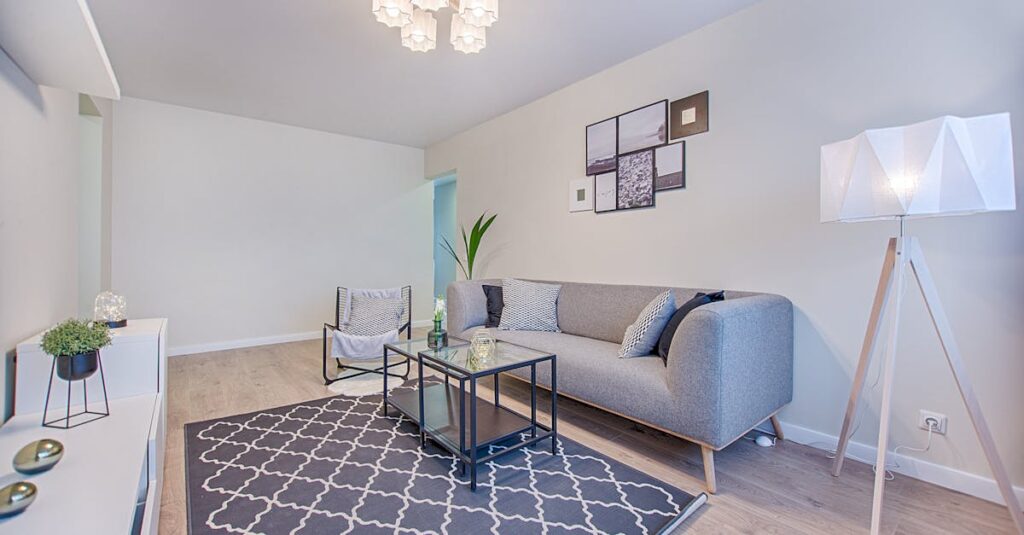 Sleek and stylish living room with modern furniture and minimalist decor in a contemporary apartment.