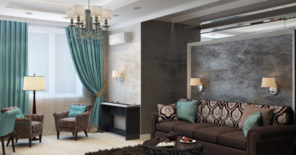 Luxurious modern living room with chandelier, sofa, armchairs, and stylish decor.