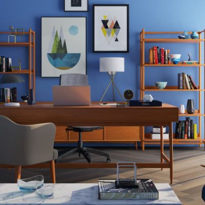 brown-wooden-desk-with-rolling-chair-and-shelves-near-window